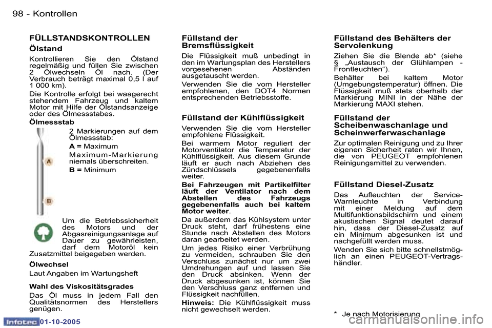 Peugeot 307 CC 2005.5  Betriebsanleitung (in German) �K�o�n�t�r�o�l�l�e�n�9�8 �-
�0�1�-�1�0�-�2�0�0�5
�9�9�K�o�n�t�r�o�l�l�e�n�-
�0�1�-�1�0�-�2�0�0�5
�F�Ü�L�L�S�T�A�N�D�S�K�O�N�T�R�O�L�L�E�N
�2�  �M�a�r�k�i�e�r�u�n�g�e�n�  �a�u�f�  �d�e�m�  
�Ö�l�m�e�