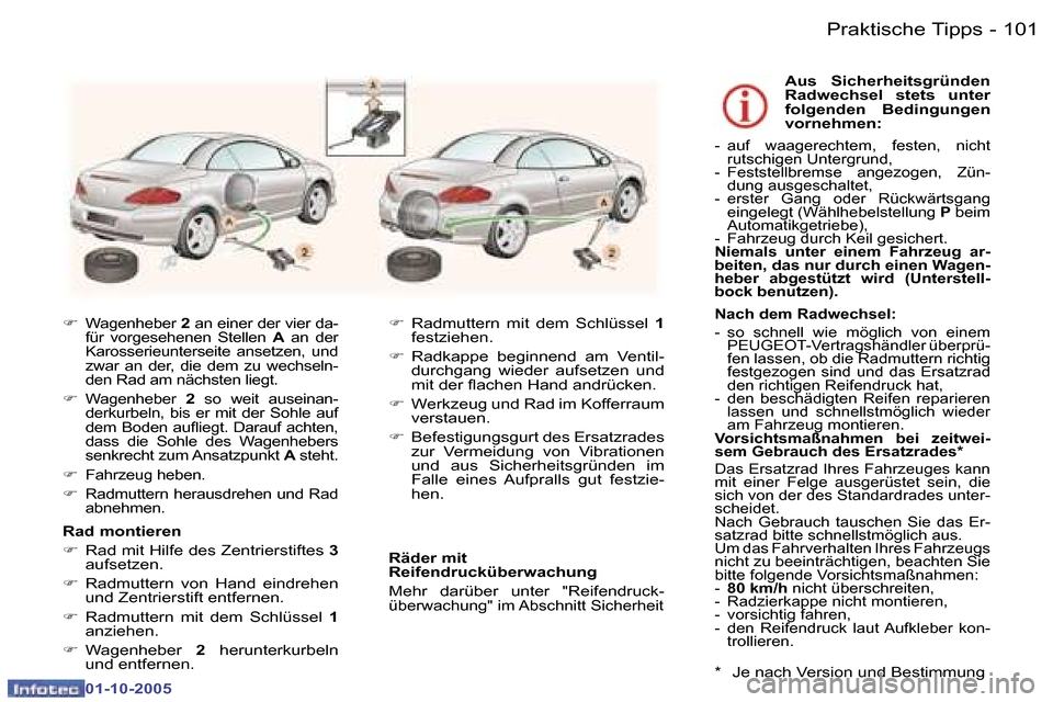 Peugeot 307 CC 2005.5  Betriebsanleitung (in German) �P�r�a�k�t�i�s�c�h�e� �T�i�p�p�s�1�0�0 �-
�0�1�-�1�0�-�2�0�0�5
�1�0�1�P�r�a�k�t�i�s�c�h�e� �T�i�p�p�s�-
�0�1�-�1�0�-�2�0�0�5
�F� �W�a�g�e�n�h�e�b�e�r�  �2� �a�n� �e�i�n�e�r� �d�e�r� �v�i�e�r� �d�a�-
�