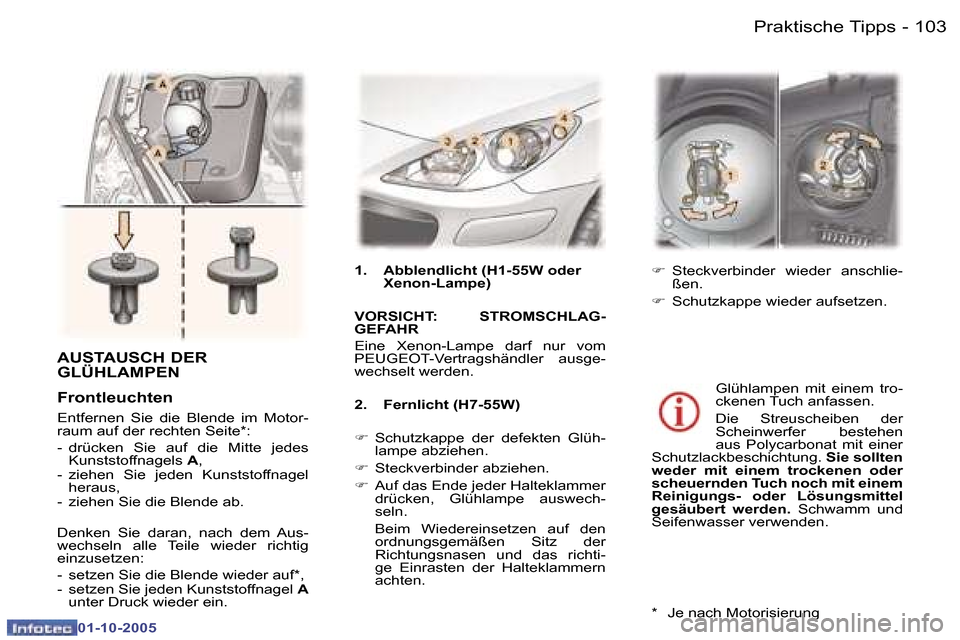 Peugeot 307 CC 2005.5  Betriebsanleitung (in German) �P�r�a�k�t�i�s�c�h�e� �T�i�p�p�s�1�0�2 �-
�0�1�-�1�0�-�2�0�0�5
�1�0�3�P�r�a�k�t�i�s�c�h�e� �T�i�p�p�s�-
�0�1�-�1�0�-�2�0�0�5
�A�U�S�T�A�U�S�C�H� �D�E�R�  
�G�L�Ü�H�L�A�M�P�E�N
�F�r�o�n�t�l�e�u�c�h�t�