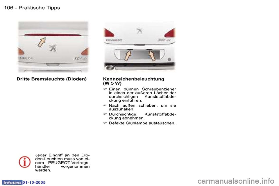 Peugeot 307 CC 2005.5  Betriebsanleitung (in German) �P�r�a�k�t�i�s�c�h�e� �T�i�p�p�s�1�0�6 �-
�0�1�-�1�0�-�2�0�0�5
�1�0�7�P�r�a�k�t�i�s�c�h�e� �T�i�p�p�s�-
�0�1�-�1�0�-�2�0�0�5
�D�r�i�t�t�e� �B�r�e�m�s�l�e�u�c�h�t�e� �(�D�i�o�d�e�n�)
�J�e�d�e�r�  �E�i�
