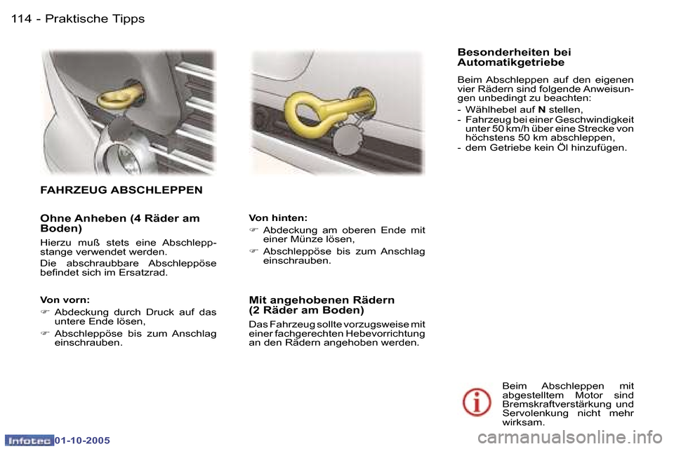Peugeot 307 CC 2005.5  Betriebsanleitung (in German) �P�r�a�k�t�i�s�c�h�e� �T�i�p�p�s�1�1�4 �-
�0�1�-�1�0�-�2�0�0�5
�1�1�5�P�r�a�k�t�i�s�c�h�e� �T�i�p�p�s�-
�0�1�-�1�0�-�2�0�0�5
�O�h�n�e� �A�n�h�e�b�e�n� �(�4� �R�ä�d�e�r� �a�m�  
�B�o�d�e�n�)
�H�i�e�r�