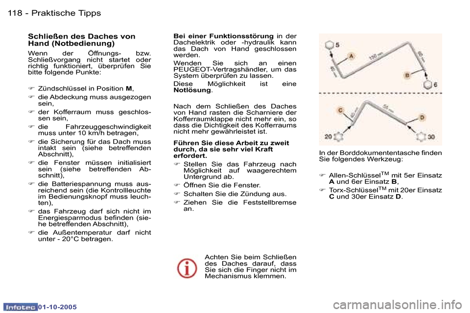 Peugeot 307 CC 2005.5  Betriebsanleitung (in German) �P�r�a�k�t�i�s�c�h�e� �T�i�p�p�s�1�1�8 �-
�0�1�-�1�0�-�2�0�0�5
�1�1�9�P�r�a�k�t�i�s�c�h�e� �T�i�p�p�s�-
�0�1�-�1�0�-�2�0�0�5
�S�c�h�l�i�e�ß�e�n� �d�e�s� �D�a�c�h�e�s� �v�o�n�  
�H�a�n�d� �(�N�o�t�b�e