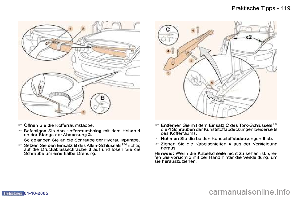 Peugeot 307 CC 2005.5  Betriebsanleitung (in German) �P�r�a�k�t�i�s�c�h�e� �T�i�p�p�s�1�1�8 �-
�0�1�-�1�0�-�2�0�0�5
�1�1�9�P�r�a�k�t�i�s�c�h�e� �T�i�p�p�s�-
�0�1�-�1�0�-�2�0�0�5
�F�  �Ö�f�f�n�e�n� �S�i�e� �d�i�e� �K�o�f�f�e�r�r�a�u�m�k�l�a�p�p�e�.� 
�F