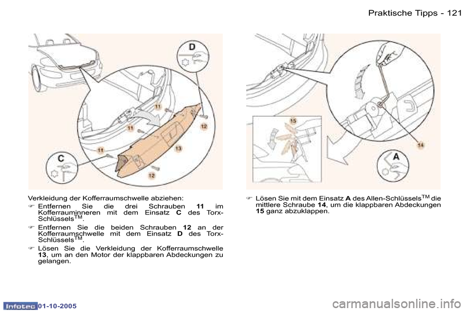 Peugeot 307 CC 2005.5  Betriebsanleitung (in German) �P�r�a�k�t�i�s�c�h�e� �T�i�p�p�s�1�2�0 �-
�0�1�-�1�0�-�2�0�0�5
�1�2�1�P�r�a�k�t�i�s�c�h�e� �T�i�p�p�s�-
�0�1�-�1�0�-�2�0�0�5
�V�e�r�k�l�e�i�d�u�n�g� �d�e�r� �K�o�f�f�e�r�r�a�u�m�s�c�h�w�e�l�l�e� �a�b�