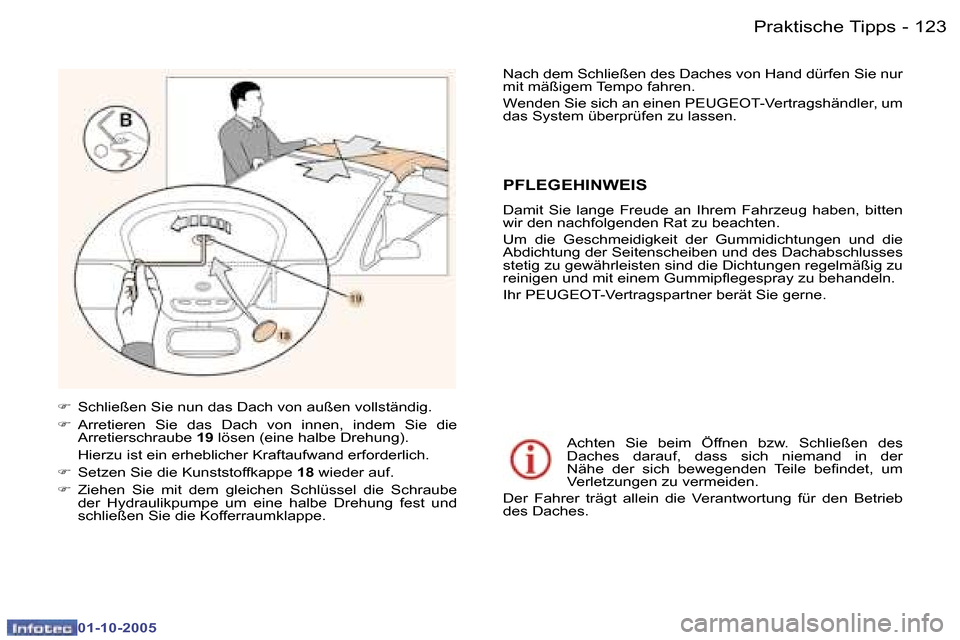 Peugeot 307 CC 2005.5  Betriebsanleitung (in German) �P�r�a�k�t�i�s�c�h�e� �T�i�p�p�s�1�2�2 �-
�0�1�-�1�0�-�2�0�0�5
�1�2�3�P�r�a�k�t�i�s�c�h�e� �T�i�p�p�s�-
�0�1�-�1�0�-�2�0�0�5
�F�  �S�c�h�l�i�e�ß�e�n� �S�i�e� �n�u�n� �d�a�s� �D�a�c�h� �v�o�n� �a�u�ß