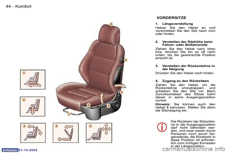 Peugeot 307 CC 2005.5  Betriebsanleitung (in German) �K�o�m�f�o�r�t�4�4 �-
�0�1�-�1�0�-�2�0�0�5
�4�5�K�o�m�f�o�r�t�-
�0�1�-�1�0�-�2�0�0�5
� �V�O�R�D�E�R�S�I�T�Z�E
�1�.�  �L�ä�n�g�s�v�e�r�s�t�e�l�l�u�n�g� 
�H�e�b�e�n�  �S�i�e�  �d�e�n�  �H�e�b�e�l�  �a�