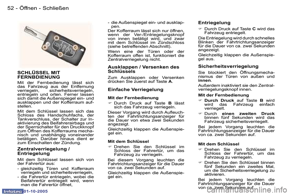 Peugeot 307 CC 2005.5  Betriebsanleitung (in German) �Ö�f�f�n�e�n� �-� �S�c�h�l�i�e�ß�e�n�5�2 �-
�0�1�-�1�0�-�2�0�0�5
�5�3�Ö�f�f�n�e�n� �-� �S�c�h�l�i�e�ß�e�n�-
�0�1�-�1�0�-�2�0�0�5
�S�C�H�L�Ü�S�S�E�L� �M�I�T�  
�F�E�R�N�B�D�I�E�N�U�N�G
�M�i�t�  �d