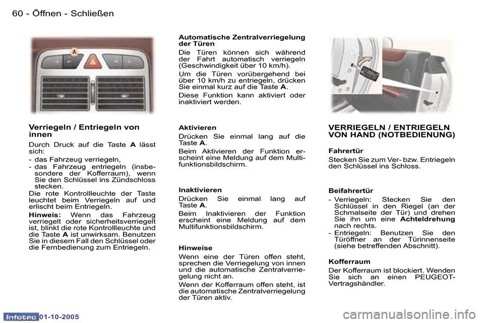 Peugeot 307 CC 2005.5  Betriebsanleitung (in German) �Ö�f�f�n�e�n� �-� �S�c�h�l�i�e�ß�e�n�6�0 �-
�0�1�-�1�0�-�2�0�0�5
�6�1�Ö�f�f�n�e�n� �-� �S�c�h�l�i�e�ß�e�n�-
�0�1�-�1�0�-�2�0�0�5
�V�e�r�r�i�e�g�e�l�n� �/� �E�n�t�r�i�e�g�e�l�n� �v�o�n�  
�i�n�n�e�