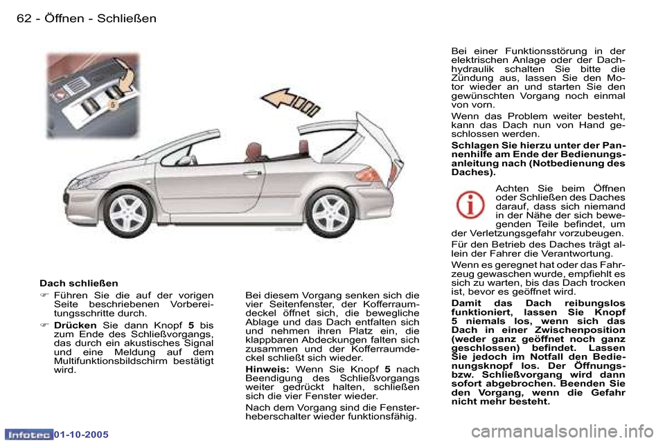 Peugeot 307 CC 2005.5  Betriebsanleitung (in German) �Ö�f�f�n�e�n� �-� �S�c�h�l�i�e�ß�e�n�6�2 �-
�0�1�-�1�0�-�2�0�0�5
�6�3�Ö�f�f�n�e�n� �-� �S�c�h�l�i�e�ß�e�n�-
�0�1�-�1�0�-�2�0�0�5
�D�a�c�h� �s�c�h�l�i�e�ß�e�n 
�F�  �F�ü�h�r�e�n�  �S�i�e�  �d�i�e