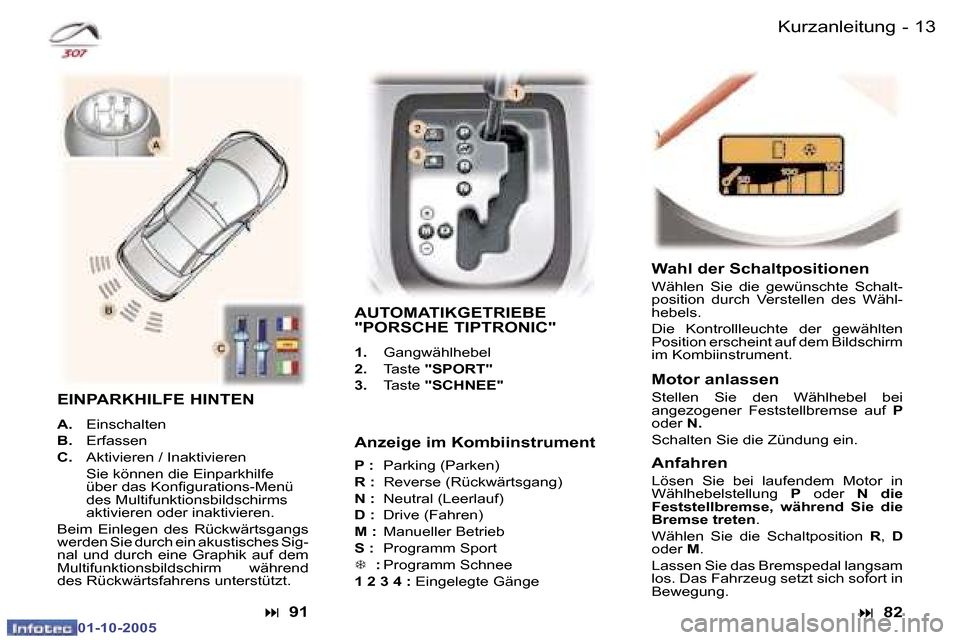 Peugeot 307 CC 2005.5  Betriebsanleitung (in German) �1�2 �-�K�u�r�z�a�n�l�e�i�t�u�n�g�1�3
�-
�K�u�r�z�a�n�l�e�i�t�u�n�g
�A�n�z�e�i�g�e� �i�m� �K�o�m�b�i�i�n�s�t�r�u�m�e�n�t 
�P� �:
�  �P�a�r�k�i�n�g� �(�P�a�r�k�e�n�)
�R� �: �  �R�e�v�e�r�s�e� �(�R�ü�c