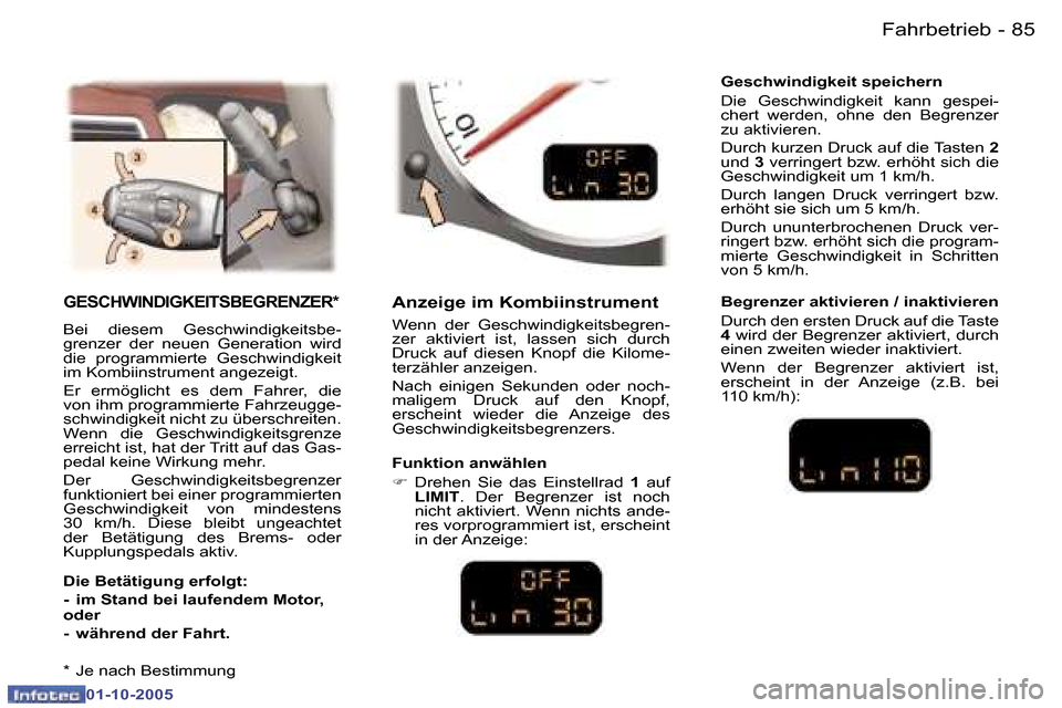 Peugeot 307 CC 2005.5  Betriebsanleitung (in German) �F�a�h�r�b�e�t�r�i�e�b�8�4 �-
�0�1�-�1�0�-�2�0�0�5
�8�5�F�a�h�r�b�e�t�r�i�e�b�-
�0�1�-�1�0�-�2�0�0�5
�G�E�S�C�H�W�I�N�D�I�G�K�E�I�T�S�B�E�G�R�E�N�Z�E�R�*
�B�e�i�  �d�i�e�s�e�m�  �G�e�s�c�h�w�i�n�d�i�g