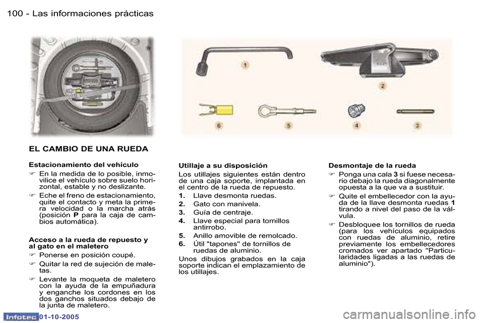 Peugeot 307 CC 2005.5  Manual del propietario (in Spanish) �L�a�s� �i�n�f�o�r�m�a�c�i�o�n�e�s� �p�r�á�c�t�i�c�a�s�1�0�0 �-
�0�1�-�1�0�-�2�0�0�5
�1�0�1�L�a�s� �i�n�f�o�r�m�a�c�i�o�n�e�s� �p�r�á�c�t�i�c�a�s�-
�0�1�-�1�0�-�2�0�0�5
�U�t�i�l�l�a�j�e� �a� �s�u� �
