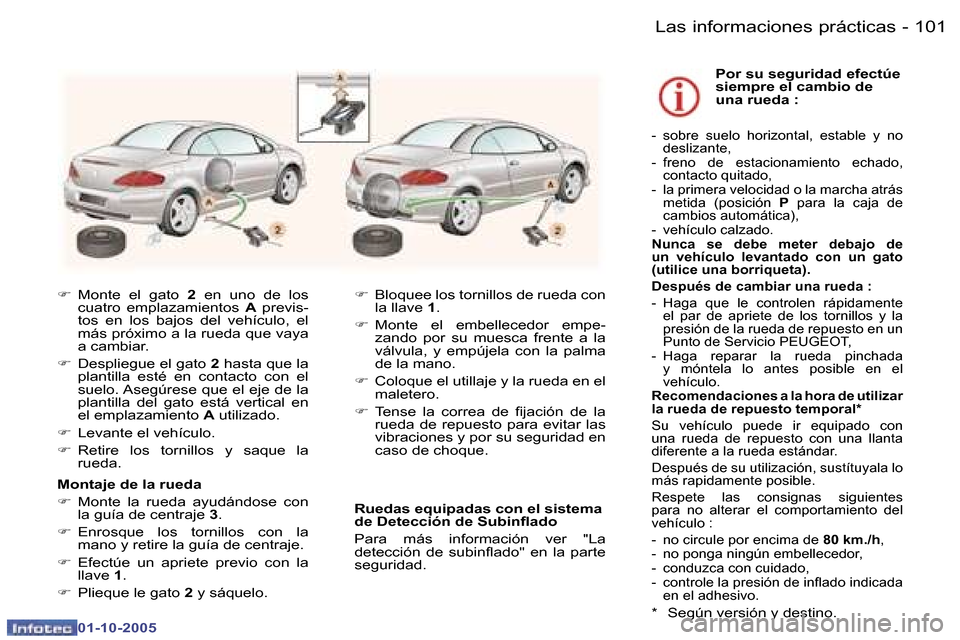 Peugeot 307 CC 2005.5  Manual del propietario (in Spanish) �L�a�s� �i�n�f�o�r�m�a�c�i�o�n�e�s� �p�r�á�c�t�i�c�a�s�1�0�0 �-
�0�1�-�1�0�-�2�0�0�5
�1�0�1�L�a�s� �i�n�f�o�r�m�a�c�i�o�n�e�s� �p�r�á�c�t�i�c�a�s�-
�0�1�-�1�0�-�2�0�0�5
�F�  �M�o�n�t�e�  �e�l�  �g�a