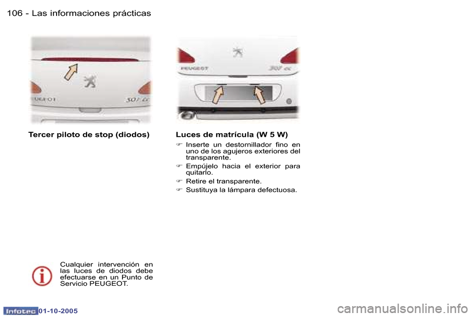 Peugeot 307 CC 2005.5  Manual del propietario (in Spanish) �L�a�s� �i�n�f�o�r�m�a�c�i�o�n�e�s� �p�r�á�c�t�i�c�a�s�1�0�6 �-
�0�1�-�1�0�-�2�0�0�5
�1�0�7�L�a�s� �i�n�f�o�r�m�a�c�i�o�n�e�s� �p�r�á�c�t�i�c�a�s�-
�0�1�-�1�0�-�2�0�0�5
�T�e�r�c�e�r� �p�i�l�o�t�o� �