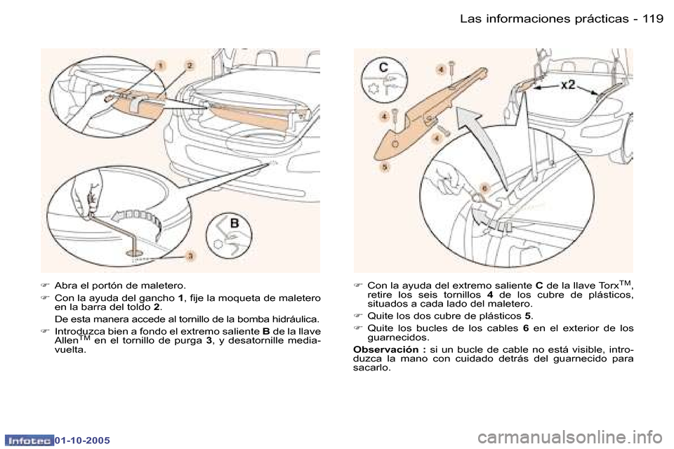 Peugeot 307 CC 2005.5  Manual del propietario (in Spanish) �L�a�s� �i�n�f�o�r�m�a�c�i�o�n�e�s� �p�r�á�c�t�i�c�a�s�1�1�8 �-
�0�1�-�1�0�-�2�0�0�5
�1�1�9�L�a�s� �i�n�f�o�r�m�a�c�i�o�n�e�s� �p�r�á�c�t�i�c�a�s�-
�0�1�-�1�0�-�2�0�0�5
�F�  �A�b�r�a� �e�l� �p�o�r�t