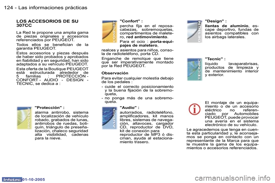 Peugeot 307 CC 2005.5  Manual del propietario (in Spanish) �L�a�s� �i�n�f�o�r�m�a�c�i�o�n�e�s� �p�r�á�c�t�i�c�a�s�1�2�4 �-
�0�1�-�1�0�-�2�0�0�5
�L�O�S� �A�C�C�E�S�O�R�I�O�S� �D�E� �S�U�  
�3�0�7�C�C
�L�a� �R�e�d� �l�e� �p�r�o�p�o�n�e� �u�n�a� �a�m�p�l�i�a� �