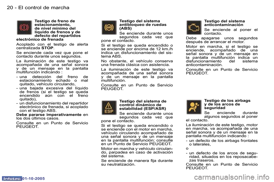 Peugeot 307 CC 2005.5  Manual del propietario (in Spanish) �E�l� �c�o�n�t�r�o�l� �d�e� �m�a�r�c�h�a�2�0 �-
�0�1�-�1�0�-�2�0�0�5
�2�1�E�l� �c�o�n�t�r�o�l� �d�e� �m�a�r�c�h�a�-
�0�1�-�1�0�-�2�0�0�5
�T�e�s�t�i�g�o� �d�e� �l�o�s� �a�i�r�b�a�g�s�  
�y� �d�e� �l�o�