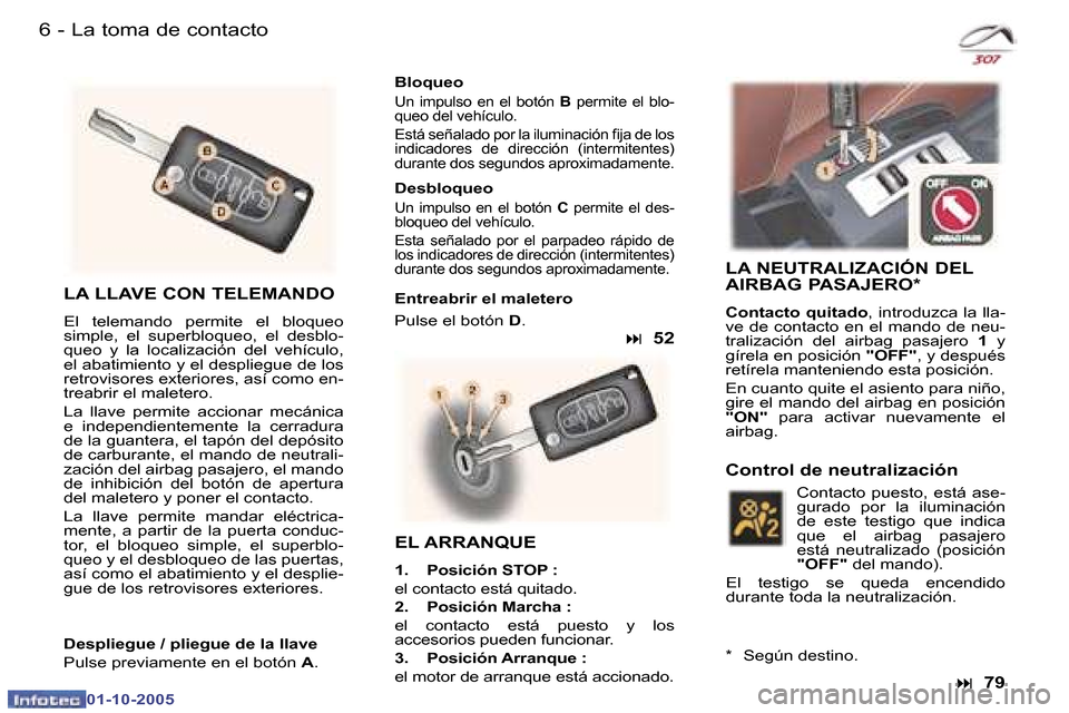 Peugeot 307 CC 2005.5  Manual del propietario (in Spanish) �6 �-�L�a� �t�o�m�a� �d�e� �c�o�n�t�a�c�t�o�7
�-
�L�a� �t�o�m�a� �d�e� �c�o�n�t�a�c�t�o
�L�A� �L�L�A�V�E� �C�O�N� �T�E�L�E�M�A�N�D�O
�E�l�  �t�e�l�e�m�a�n�d�o�  �p�e�r�m�i�t�e�  �e�l�  �b�l�o�q�u�e�o�