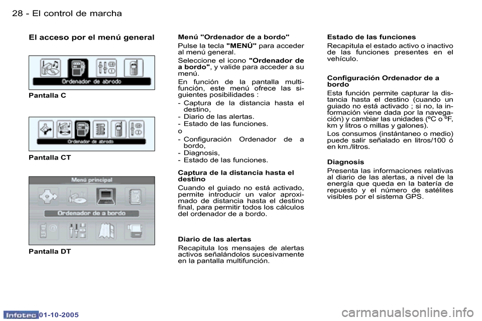 Peugeot 307 CC 2005.5  Manual del propietario (in Spanish) �E�l� �c�o�n�t�r�o�l� �d�e� �m�a�r�c�h�a�2�8 �-
�0�1�-�1�0�-�2�0�0�5
�E�l� �a�c�c�e�s�o� �p�o�r� �e�l� �m�e�n�ú� �g�e�n�e�r�a�l
�P�a�n�t�a�l�l�a� �C 
�P�a�n�t�a�l�l�a� �C�T 
�P�a�n�t�a�l�l�a� �D�T�M�