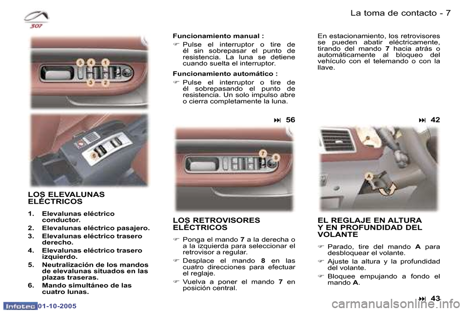 Peugeot 307 CC 2005.5  Manual del propietario (in Spanish) �6 �-�L�a� �t�o�m�a� �d�e� �c�o�n�t�a�c�t�o�7
�-
�L�a� �t�o�m�a� �d�e� �c�o�n�t�a�c�t�o
�L�O�S� �R�E�T�R�O�V�I�S�O�R�E�S�  
�E�L�É�C�T�R�I�C�O�S
�F
�  �P�o�n�g�a� �e�l� �m�a�n�d�o�  �7� �a� �l�a� �d�