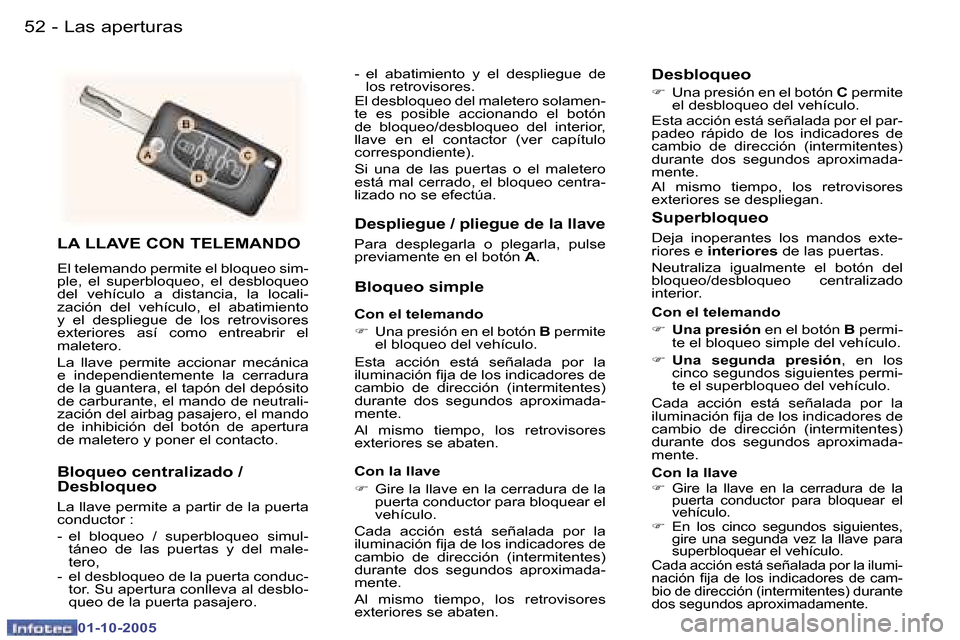 Peugeot 307 CC 2005.5  Manual del propietario (in Spanish) �L�a�s� �a�p�e�r�t�u�r�a�s�5�2 �-
�0�1�-�1�0�-�2�0�0�5
�5�3�L�a�s� �a�p�e�r�t�u�r�a�s�-
�0�1�-�1�0�-�2�0�0�5
�L�A� �L�L�A�V�E� �C�O�N� �T�E�L�E�M�A�N�D�O
�E�l� �t�e�l�e�m�a�n�d�o� �p�e�r�m�i�t�e� �e�l