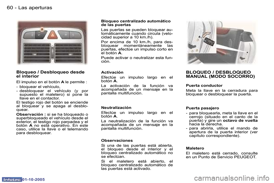 Peugeot 307 CC 2005.5  Manual del propietario (in Spanish) �L�a�s� �a�p�e�r�t�u�r�a�s�6�0 �-
�0�1�-�1�0�-�2�0�0�5
�6�1�L�a�s� �a�p�e�r�t�u�r�a�s�-
�0�1�-�1�0�-�2�0�0�5
�B�l�o�q�u�e�o� �/� �D�e�s�b�l�o�q�u�e�o� �d�e�s�d�e�  
�e�l� �i�n�t�e�r�i�o�r
�E�l� �i�m�p