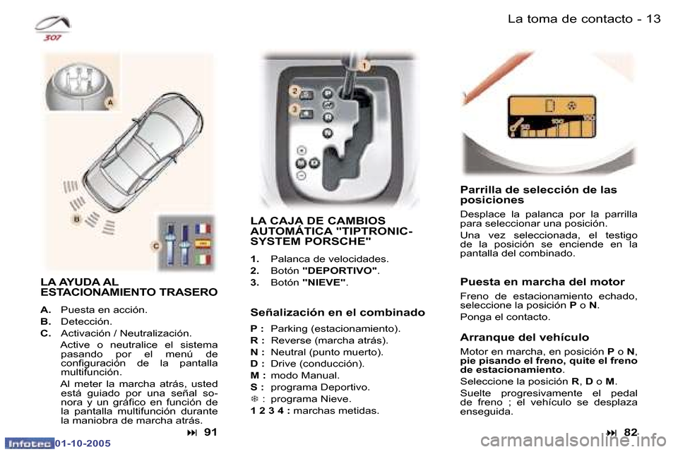 Peugeot 307 CC 2005.5  Manual del propietario (in Spanish) �1�2 �-�L�a� �t�o�m�a� �d�e� �c�o�n�t�a�c�t�o�1�3
�-
�L�a� �t�o�m�a� �d�e� �c�o�n�t�a�c�t�o
�S�e�ñ�a�l�i�z�a�c�i�ó�n� �e�n� �e�l� �c�o�m�b�i�n�a�d�o 
�P� �:
�  �P�a�r�k�i�n�g� �(�e�s�t�a�c�i�o�n�a�m