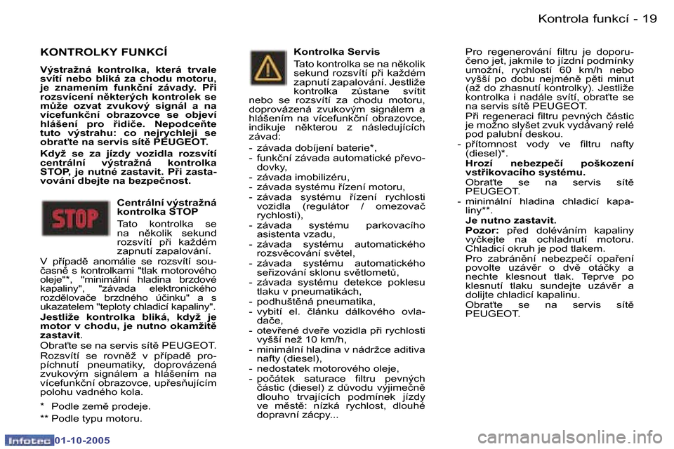 Peugeot 307 CC 2005.5  Návod k obsluze (in Czech) �K�o�n�t�r�o�l�a� �f�u�n�k�c�í
�1�8 �-
�0�1�-�1�0�-�2�0�0�5
�1�9
�K�o�n�t�r�o�l�a� �f�u�n�k�c�í
�-
�0�1�-�1�0�-�2�0�0�5
�K�O�N�T�R�O�L�K�Y� �F�U�N�K�C�Í 
�V�ý�s�t�r�a�ž�n�á�  �k�o�n�t�r�o�l�k�a�