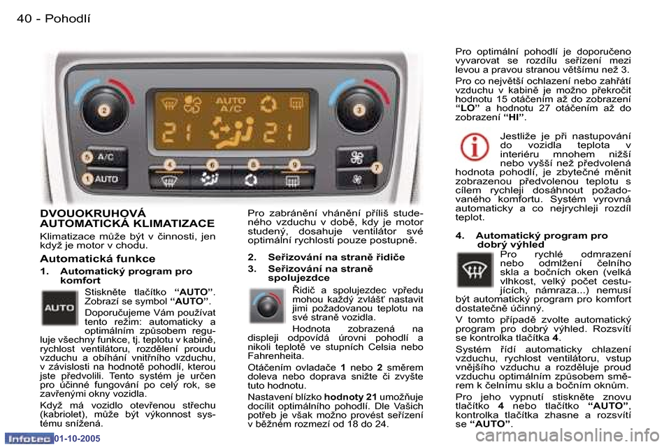 Peugeot 307 CC 2005.5  Návod k obsluze (in Czech) �P�o�h�o�d�l�í
�4�0 �-
�0�1�-�1�0�-�2�0�0�5
�4�1
�P�o�h�o�d�l�í
�-
�0�1�-�1�0�-�2�0�0�5
�D�V�O�U�O�K�R�U�H�O�V�Á�  
�A�U�T�O�M�A�T�I�C�K�Á� �K�L�I�M�A�T�I�Z�A�C�E 
�K�l�i�m�a�t�i�z�a�c�e�  �mA�ž