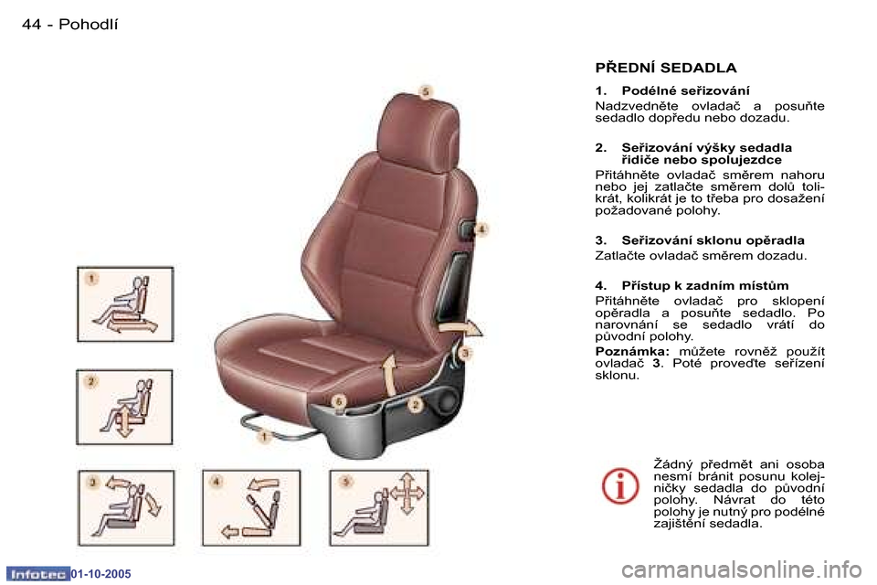 Peugeot 307 CC 2005.5  Návod k obsluze (in Czech) �P�o�h�o�d�l�í�4�4 �-
�0�1�-�1�0�-�2�0�0�5
�4�5�P�o�h�o�d�l�í�-
�0�1�-�1�0�-�2�0�0�5
�P8�E�D�N�Í� �S�E�D�A�D�L�A
�1�.�  �P�o�d�é�l�n�é� �s�e9�i�z�o�v�á�n�í 
�N�a�d�z�v�e�d�n)�t�e�  �o�v�l�a�