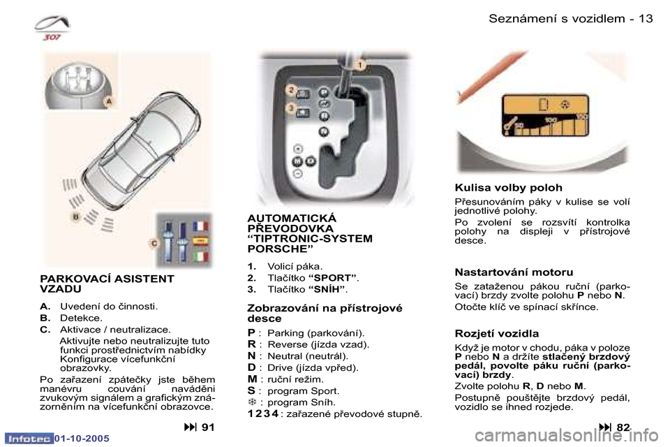 Peugeot 307 CC 2005.5  Návod k obsluze (in Czech) �1�2 �-�S�e�z�n�á�m�e�n�í� �s� �v�o�z�i�d�l�e�m�1�3
�-�S�e�z�n�á�m�e�n�í� �s� �v�o�z�i�d�l�e�m
�Z�o�b�r�a�z�o�v�á�n�í� �n�a� �p9�í�s�t�r�o�j�o�v�é�  
�d�e�s�c�e �P � �:�  �P�a�r�k�i�n�g� �(�p