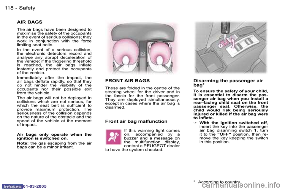 Peugeot 307 CC 2005  Owners Manual �S�a�f�e�t�y�1�1�8 �-
�0�1�-�0�3�-�2�0�0�5
�1�1�9�S�a�f�e�t�y�-
�0�1�-�0�3�-�2�0�0�5
�A�I�R� �B�A�G�S
�T�h�e� �a�i�r� �b�a�g�s� �h�a�v�e� �b�e�e�n� �d�e�s�i�g�n�e�d� �t�o�  
�m�a�x�i�m�i�s�e� �t�h�e� 