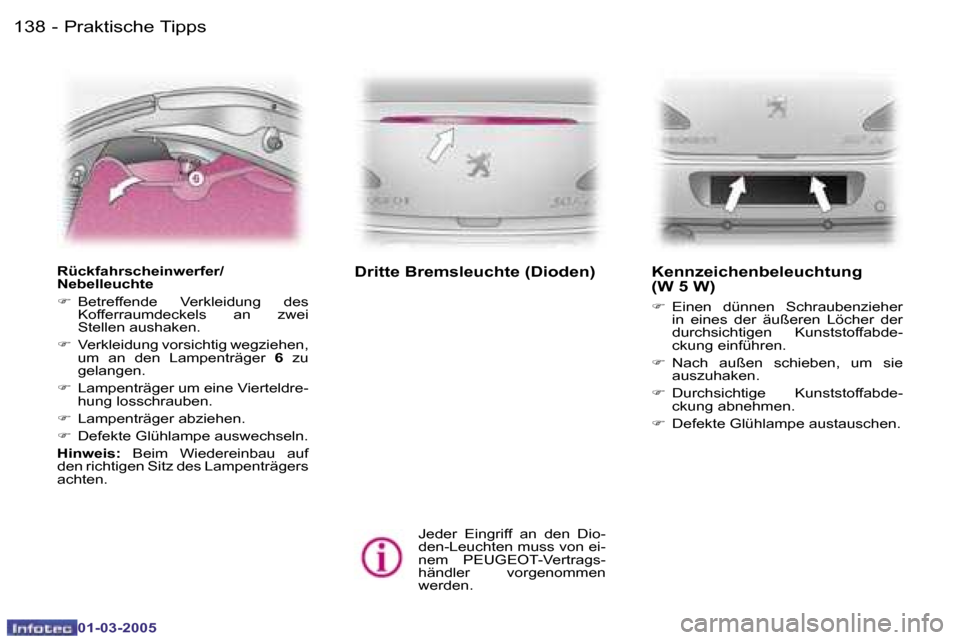 Peugeot 307 CC 2005  Betriebsanleitung (in German) �P�r�a�k�t�i�s�c�h�e� �T�i�p�p�s�1�3�8 �-
�0�1�-�0�3�-�2�0�0�5
�1�3�9�P�r�a�k�t�i�s�c�h�e� �T�i�p�p�s�-
�0�1�-�0�3�-�2�0�0�5
�R�ü�c�k�f�a�h�r�s�c�h�e�i�n�w�e�r�f�e�r�/ 
�N�e�b�e�l�l�e�u�c�h�t�e 
�F� 