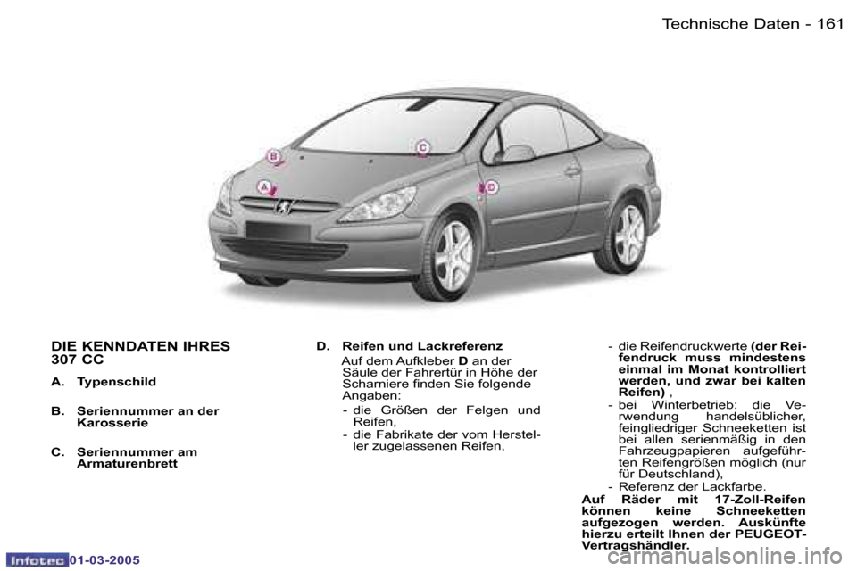 Peugeot 307 CC 2005  Betriebsanleitung (in German) �T�e�c�h�n�i�s�c�h�e� �D�a�t�e�n�1�6�0 �-
�0�1�-�0�3�-�2�0�0�5
�1�6�1�T�e�c�h�n�i�s�c�h�e� �D�a�t�e�n�-
�0�1�-�0�3�-�2�0�0�5
�D�I�E� �K�E�N�N�D�A�T�E�N� �I�H�R�E�S�  
�3�0�7� �C�C
�A�.�  �T�y�p�e�n�s�