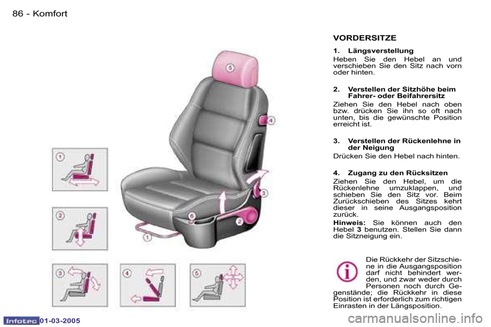 Peugeot 307 CC 2005  Betriebsanleitung (in German) �K�o�m�f�o�r�t�8�6 �-
�0�1�-�0�3�-�2�0�0�5
�8�7�K�o�m�f�o�r�t�-
�0�1�-�0�3�-�2�0�0�5
�V�O�R�D�E�R�S�I�T�Z�E
�1�.�  �L�ä�n�g�s�v�e�r�s�t�e�l�l�u�n�g� 
�H�e�b�e�n�  �S�i�e�  �d�e�n�  �H�e�b�e�l�  �a�n�