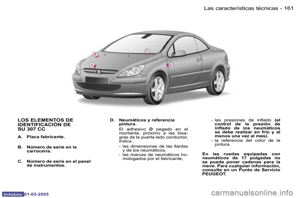 Peugeot 307 CC 2005  Manual del propietario (in Spanish) �L�a�s� �c�a�r�a�c�t�e�r�í�s�t�i�c�a�s� �t�é�c�n�i�c�a�s�1�6�0 �-
�0�1�-�0�3�-�2�0�0�5
�1�6�1�L�a�s� �c�a�r�a�c�t�e�r�í�s�t�i�c�a�s� �t�é�c�n�i�c�a�s�-
�0�1�-�0�3�-�2�0�0�5
�L�O�S� �E�L�E�M�E�N�T�