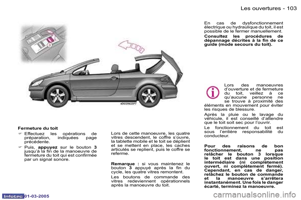 Peugeot 307 CC 2005  Manuel du propriétaire (in French) �L�e�s� �o�u�v�e�r�t�u�r�e�s�1�0�2 �-
�0�1�-�0�3�-�2�0�0�5
�1�0�3�L�e�s� �o�u�v�e�r�t�u�r�e�s�-
�0�1�-�0�3�-�2�0�0�5
�F�e�r�m�e�t�u�r�e� �d�u� �t�o�i�t 
�F�  �E�f�f�e�c�t�u�e�z�  �l�e�s�  �o�p�é�r�a�