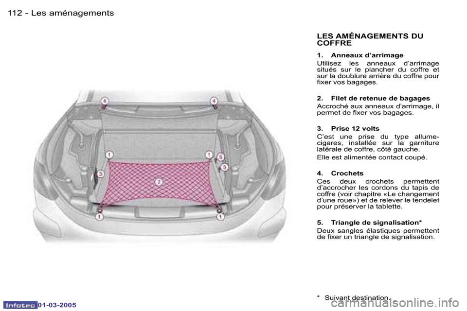 Peugeot 307 CC 2005  Manuel du propriétaire (in French) �L�e�s� �a�m�é�n�a�g�e�m�e�n�t�s�1�1�2 �-
�0�1�-�0�3�-�2�0�0�5
�L�E�S� �A�M�É�N�A�G�E�M�E�N�T�S� �D�U�  
�C�O�F�F�R�E
�1�.�  �A�n�n�e�a�u�x� �d�’�a�r�r�i�m�a�g�e� 
�U�t�i�l�i�s�e�z�  �l�e�s�  �a�n