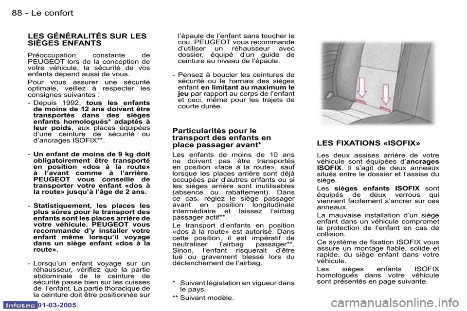 Peugeot 307 CC 2005  Manuel du propriétaire (in French) �L�e� �c�o�n�f�o�r�t�8�8 �-
�0�1�-�0�3�-�2�0�0�5
�8�9�L�e� �c�o�n�f�o�r�t�-
�0�1�-�0�3�-�2�0�0�5
�l�’�é�p�a�u�l�e� �d�e� �l�’�e�n�f�a�n�t� �s�a�n�s� �t�o�u�c�h�e�r� �l�e�  
�c�o�u�.� �P�E�U�G�E�O