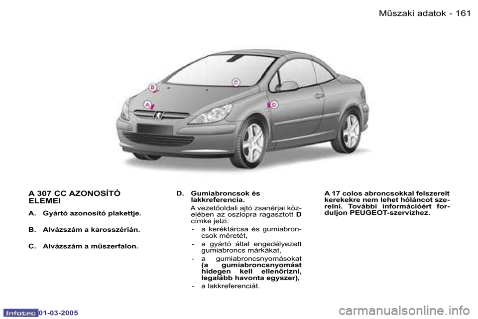Peugeot 307 CC 2005  Kezelési útmutató (in Hungarian) �MC�s�z�a�k�i� �a�d�a�t�o�k�1�6�0 �-
�0�1�-�0�3�-�2�0�0�5
�1�6�1�MC�s�z�a�k�i� �a�d�a�t�o�k�-
�0�1�-�0�3�-�2�0�0�5
�A� �3�0�7� �C�C� �A�Z�O�N�O�S�Í�T�Ó�  
�E�L�E�M�E�I
�A�.�  �G�y�á�r�t�ó� �a�z�