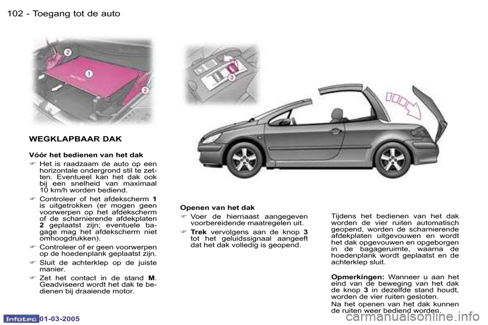 Peugeot 307 CC 2005  Handleiding (in Dutch) �T�o�e�g�a�n�g� �t�o�t� �d�e� �a�u�t�o�1�0�2 �-
�0�1�-�0�3�-�2�0�0�5
�1�0�3�T�o�e�g�a�n�g� �t�o�t� �d�e� �a�u�t�o�-
�0�1�-�0�3�-�2�0�0�5
�W�E�G�K�L�A�P�B�A�A�R� �D�A�K
�V�ó�ó�r� �h�e�t� �b�e�d�i�e�n