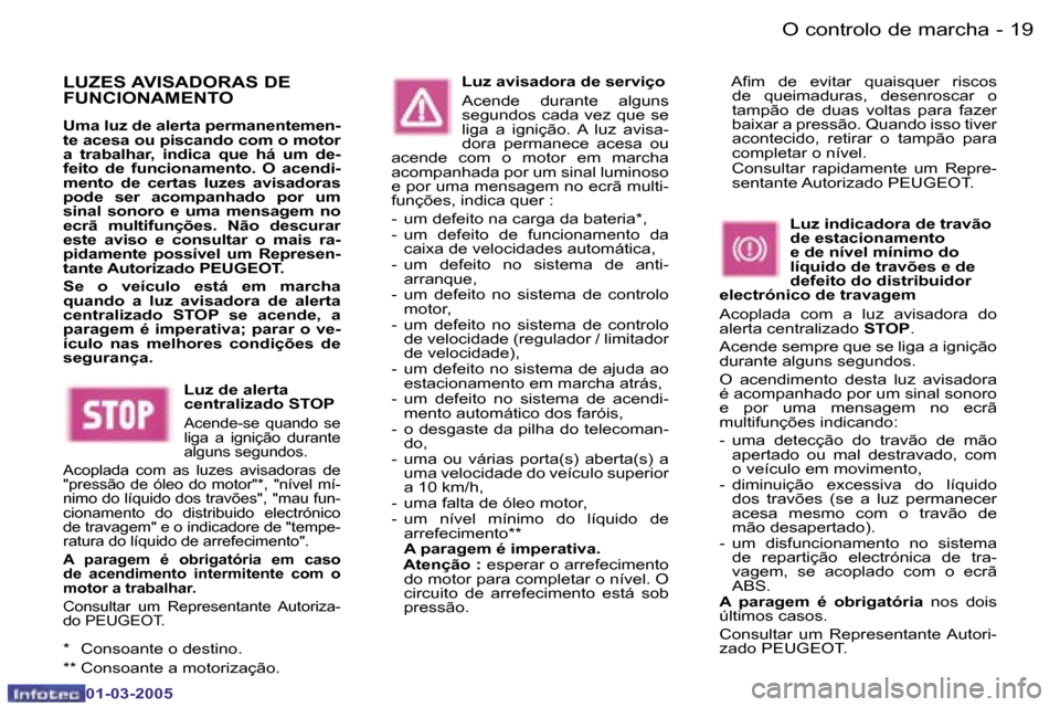 Peugeot 307 CC 2005  Manual do proprietário (in Portuguese) �O� �c�o�n�t�r�o�l�o� �d�e� �m�a�r�c�h�a�1�8 �-
�0�1�-�0�3�-�2�0�0�5
�1�9�O� �c�o�n�t�r�o�l�o� �d�e� �m�a�r�c�h�a�-
�0�1�-�0�3�-�2�0�0�5
�L�U�Z�E�S� �A�V�I�S�A�D�O�R�A�S� �D�E�  
�F�U�N�C�I�O�N�A�M�E�