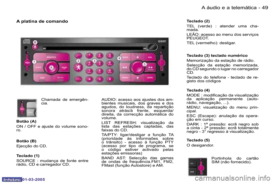 Peugeot 307 CC 2005  Manual do proprietário (in Portuguese) �A� �á�u�d�i�o� �e� �a� �t�e�l�e�m�á�t�i�c�a�4�8 �-
�0�1�-�0�3�-�2�0�0�5
�4�9�A� �á�u�d�i�o� �e� �a� �t�e�l�e�m�á�t�i�c�a�-
�0�1�-�0�3�-�2�0�0�5
�A� �p�l�a�t�i�n�a� �d�e� �c�o�m�a�n�d�o
�C�h�a�m�a