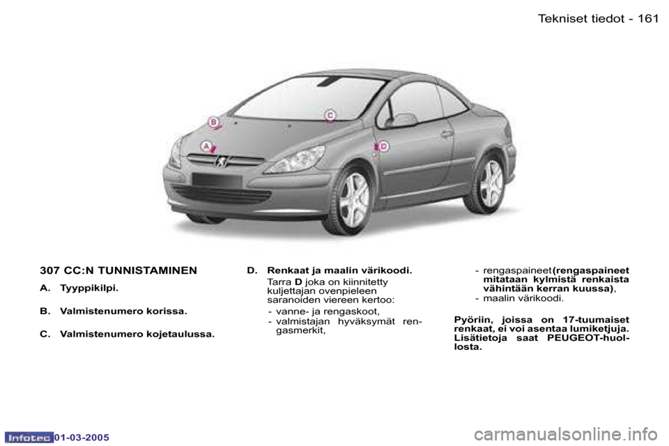 Peugeot 307 CC 2005  Omistajan käsikirja (in Finnish) �T�e�k�n�i�s�e�t� �t�i�e�d�o�t�1�6�0 �-
�0�1�-�0�3�-�2�0�0�5
�1�6�1�T�e�k�n�i�s�e�t� �t�i�e�d�o�t�-
�0�1�-�0�3�-�2�0�0�5
�3�0�7� �C�C�:�N� �T�U�N�N�I�S�T�A�M�I�N�E�N
�A�.�  �T�y�y�p�p�i�k�i�l�p�i�. 
�