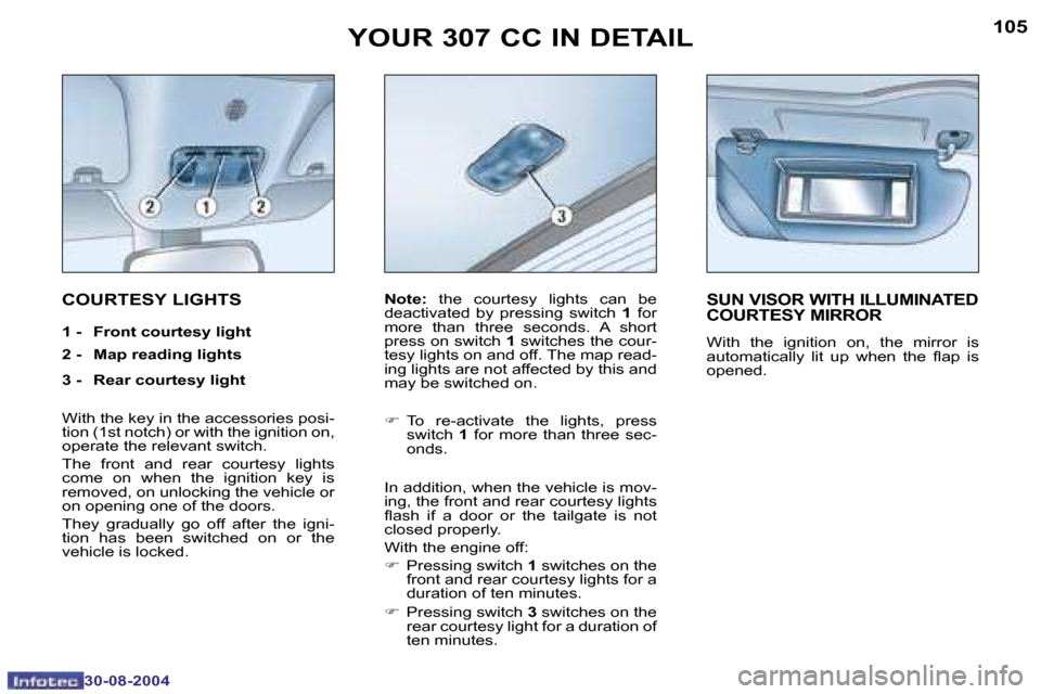 Peugeot 307 CC 2004.5  Owners Manual �1�0�4
�3�0�-�0�8�-�2�0�0�4
�1�0�5
�3�0�-�0�8�-�2�0�0�4
�Y�O�U�R� �3�0�7� �C�C� �I�N� �D�E�T�A�I�L
�C�O�U�R�T�E�S�Y� �L�I�G�H�T�S
�1� �-�  �F�r�o�n�t� �c�o�u�r�t�e�s�y� �l�i�g�h�t 
�2� �-�  �M�a�p� �r