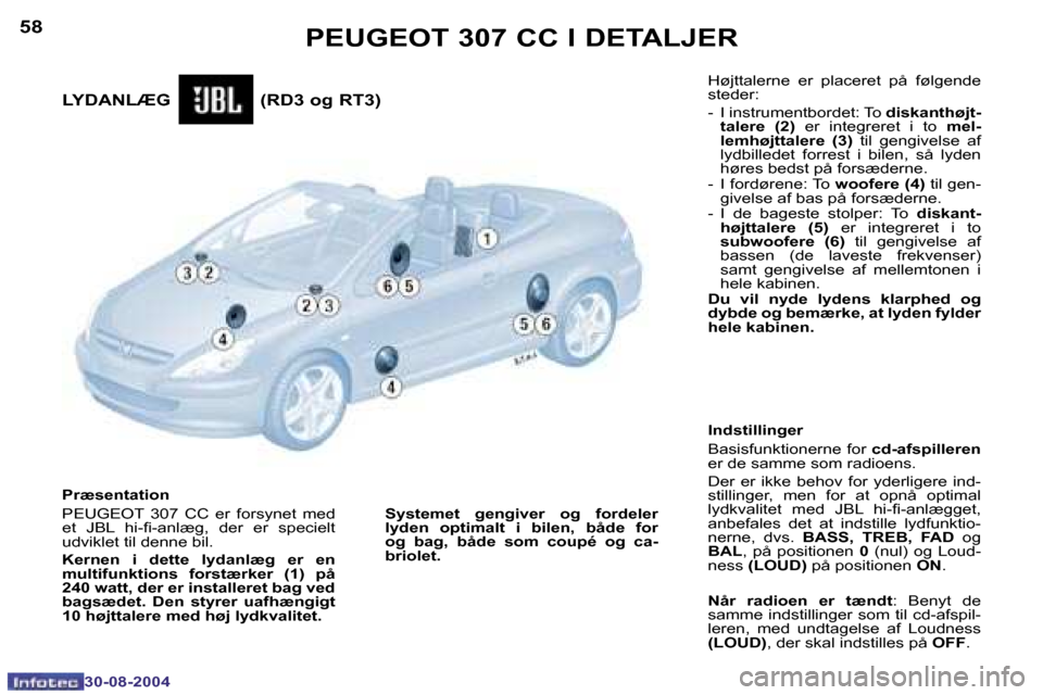 Peugeot 307 CC 2004.5  Instruktionsbog (in Danish) �5�8
�3�0�-�0�8�-�2�0�0�4
�P�E�U�G�E�O�T� �3�0�7� �C�C� �I� �D�E�T�A�L�J�E�R
�L�Y�D�A�N�L�Æ�G�  �(�R�D�3� �o�g� �R�T�3�)
�P�r�æ�s�e�n�t�a�t�i�o�n 
�P�E�U�G�E�O�T�  �3�0�7�  �C�C�  �e�r�  �f�o�r�s�y�