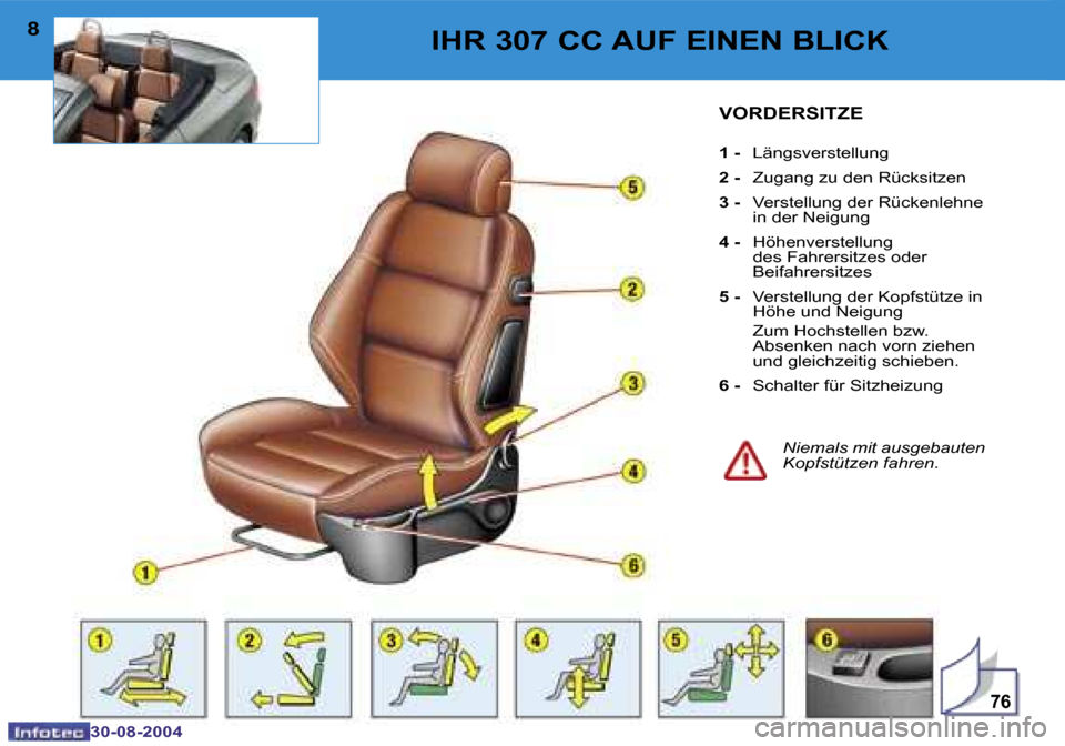 Peugeot 307 CC 2004.5  Betriebsanleitung (in German) �7�6
�8
�3�0�-�0�8�-�2�0�0�4
�9
�3�0�-�0�8�-�2�0�0�4
�I�H�R� �3�0�7� �C�C� �A�U�F� �E�I�N�E�N� �B�L�I�C�K�V�O�R�D�E�R�S�I�T�Z�E
�1� �-�  �L�ä�n�g�s�v�e�r�s�t�e�l�l�u�n�g
�2� �- �  �Z�u�g�a�n�g� �z�u�