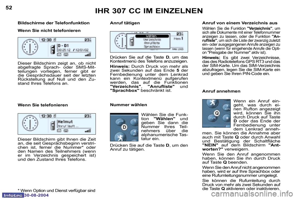 Peugeot 307 CC 2004.5  Betriebsanleitung (in German) �5�2
�3�0�-�0�8�-�2�0�0�4
�5�3
�3�0�-�0�8�-�2�0�0�4
�B�i�l�d�s�c�h�i�r�m�e� �d�e�r� �T�e�l�e�f�o�n�f�u�n�k�t�i�o�n�  
�W�e�n�n� �S�i�e� �n�i�c�h�t� �t�e�l�e�f�o�n�i�e�r�e�n�  
�W�e�n�n� �S�i�e� �t�e�l