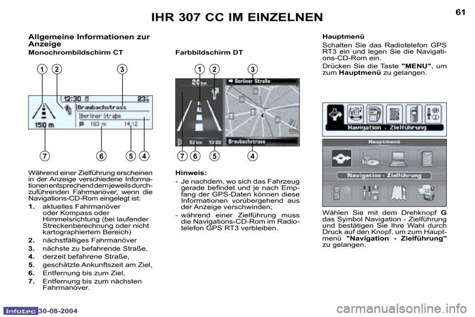 Peugeot 307 CC 2004.5  Betriebsanleitung (in German) �6�0
�3�0�-�0�8�-�2�0�0�4
�6�1
�3�0�-�0�8�-�2�0�0�4
�A�l�l�g�e�m�e�i�n�e� �I�n�f�o�r�m�a�t�i�o�n�e�n� �z�u�r�  
�A�n�z�e�i�g�e
�M�o�n�o�c�h�r�o�m�b�i�l�d�s�c�h�i�r�m� �C�T �F�a�r�b�b�i�l�d�s�c�h�i�r�m