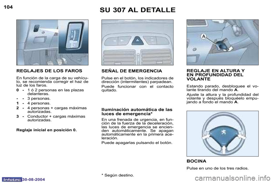 Peugeot 307 CC 2004.5  Manual del propietario (in Spanish) �1�0�4
�3�0�-�0�8�-�2�0�0�4
�1�0�5
�3�0�-�0�8�-�2�0�0�4
�S�U� �3�0�7� �A�L� �D�E�T�A�L�L�E
�R�E�G�L�A�J�E�S� �D�E� �L�O�S� �F�A�R�O�S
�E�n� �f�u�n�c�i�ó�n� �d�e� �l�a� �c�a�r�g�a� �d�e� �s�u� �v�e�h�